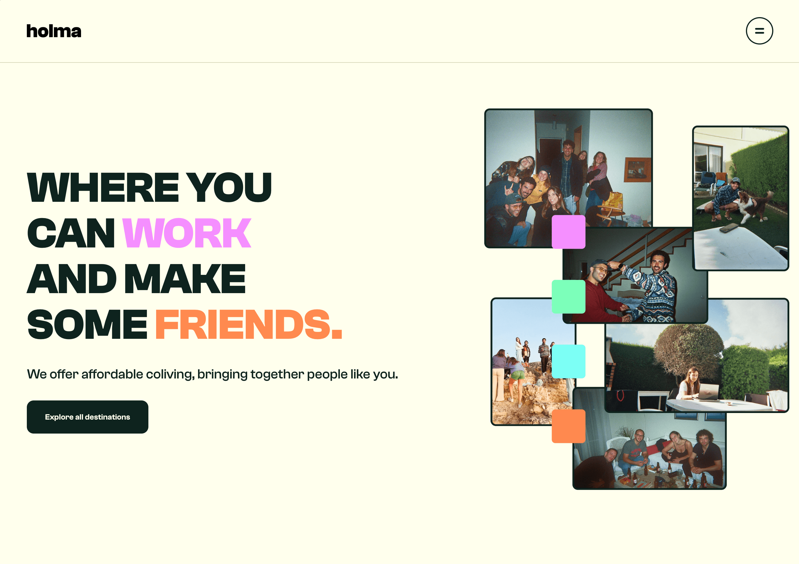 Holma homepage: “Where you can work and make some friends”
