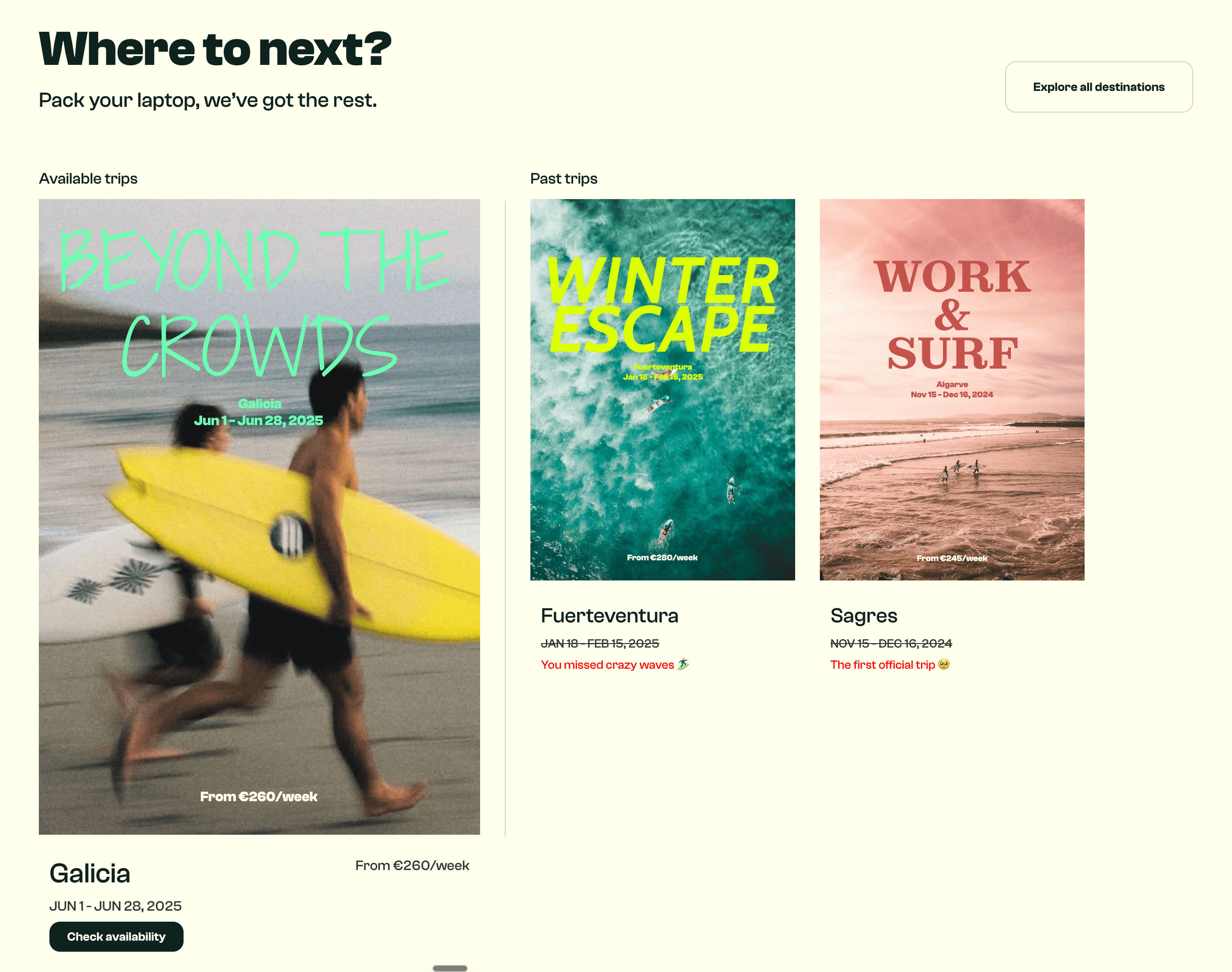 Holma destinations page: available and past coliving trips