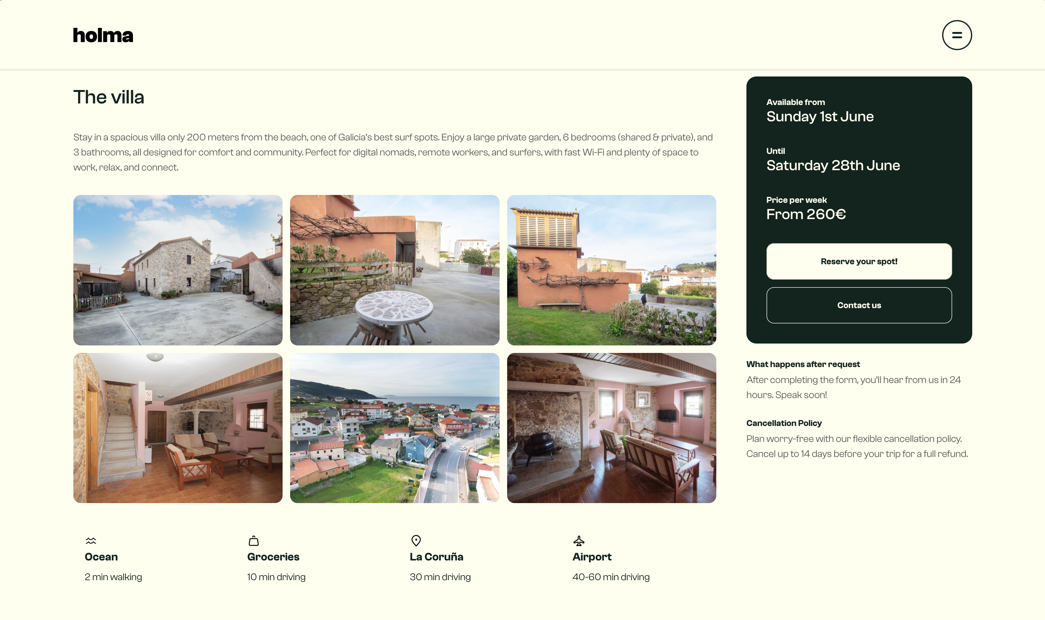Villa detail page with dates and the Reserve your spot confirmation step