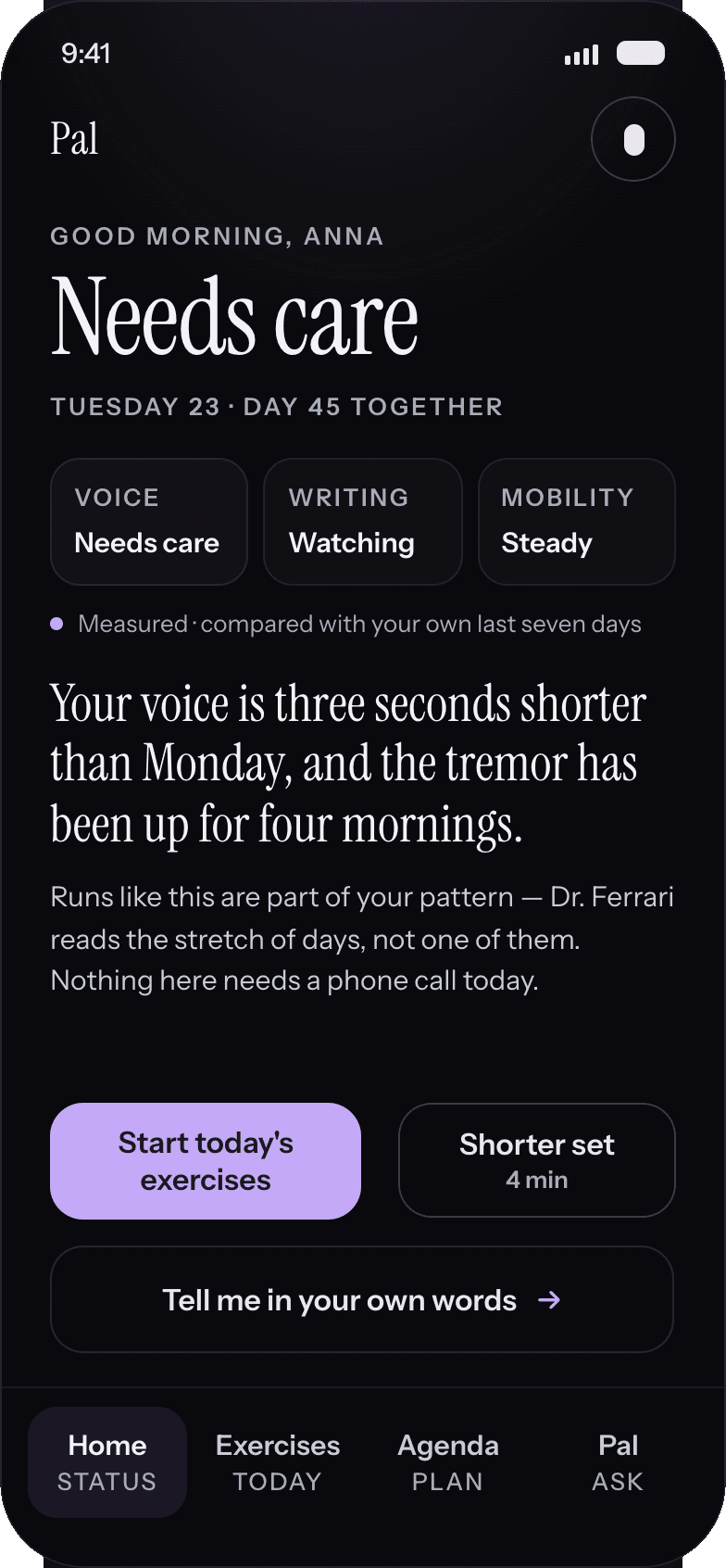 Pal home screen on a bad day, showing a Needs care status with voice needs care, writing watching, and mobility steady, offering a shorter four-minute exercise set