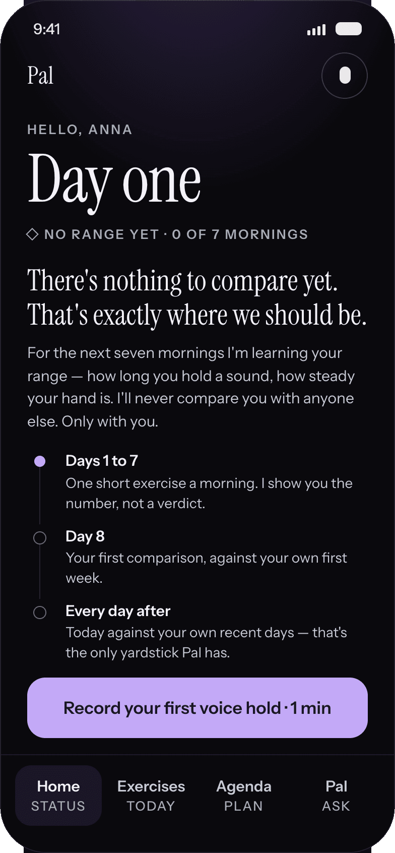 Pal home screen on day one, showing no comparison range yet and a prompt to record the first one-minute voice hold