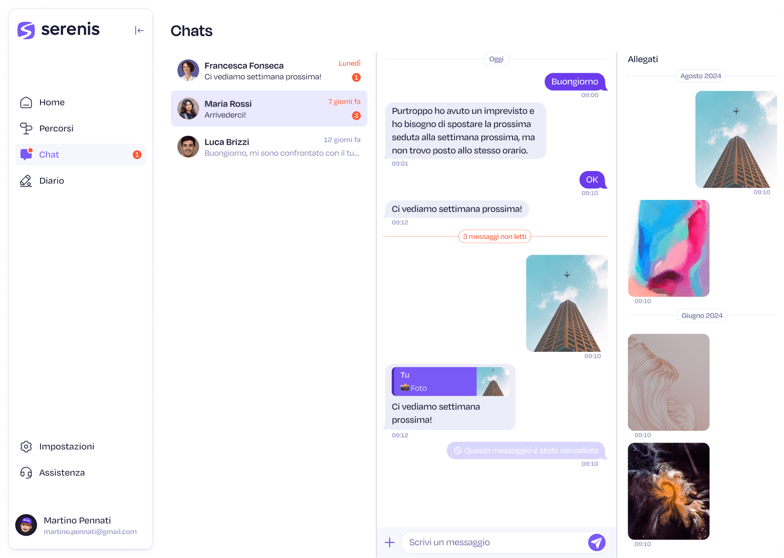 Serenis Nutrizione chat with a nutritionist, with a monthly attachments panel: desktop