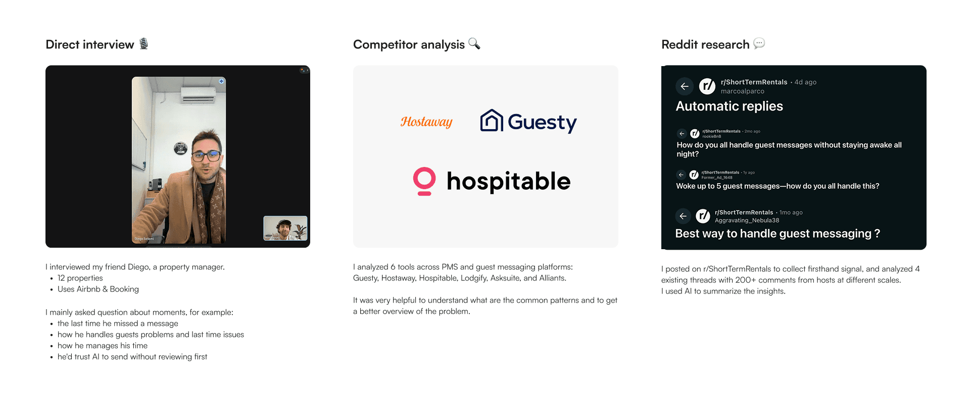 Research overview: host interview, competitor analysis, and community research on r/ShortTermRentals