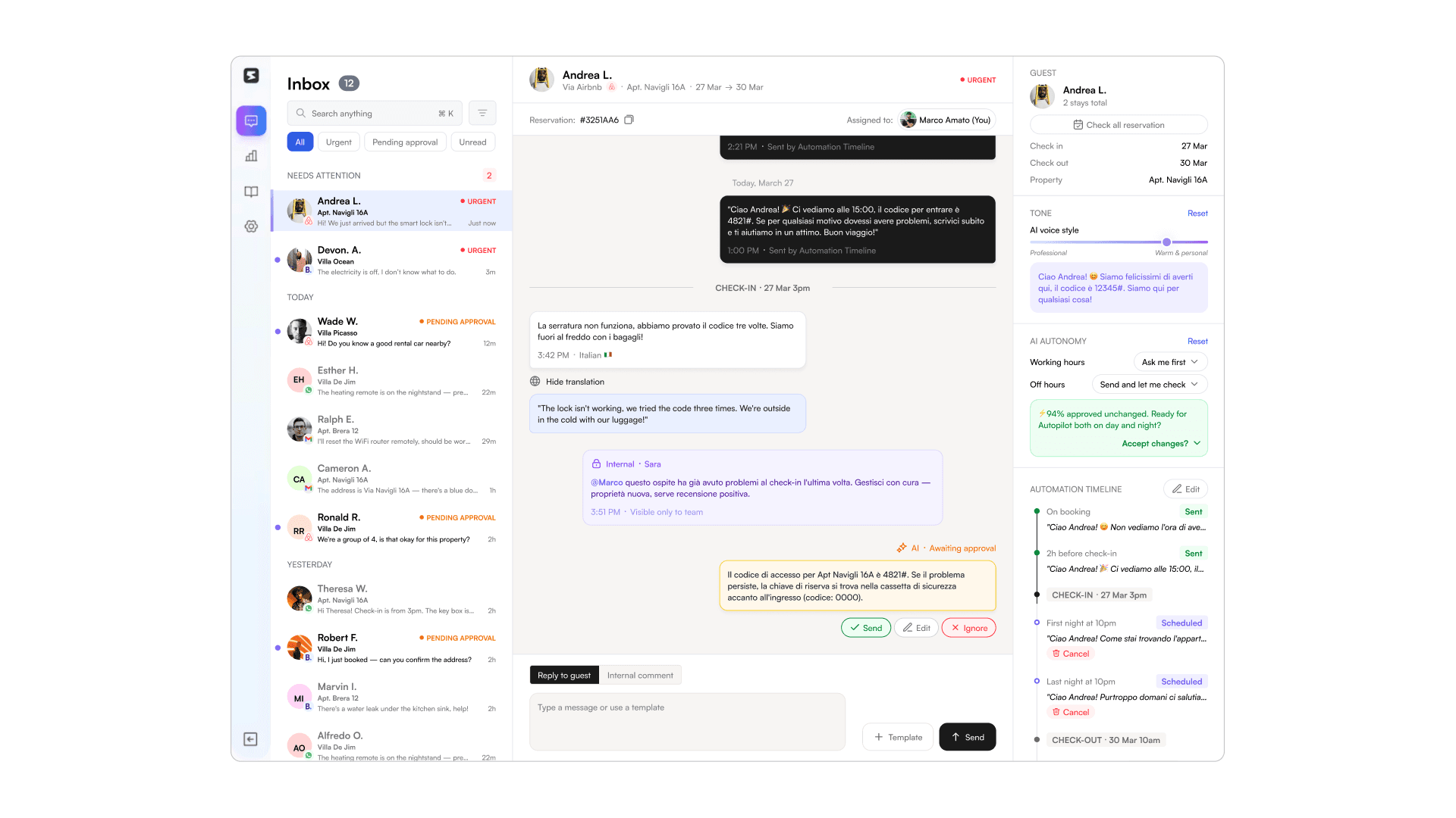 SmartChat main screen: inbox panel, conversation thread, and guest context panel with AI autonomy controls