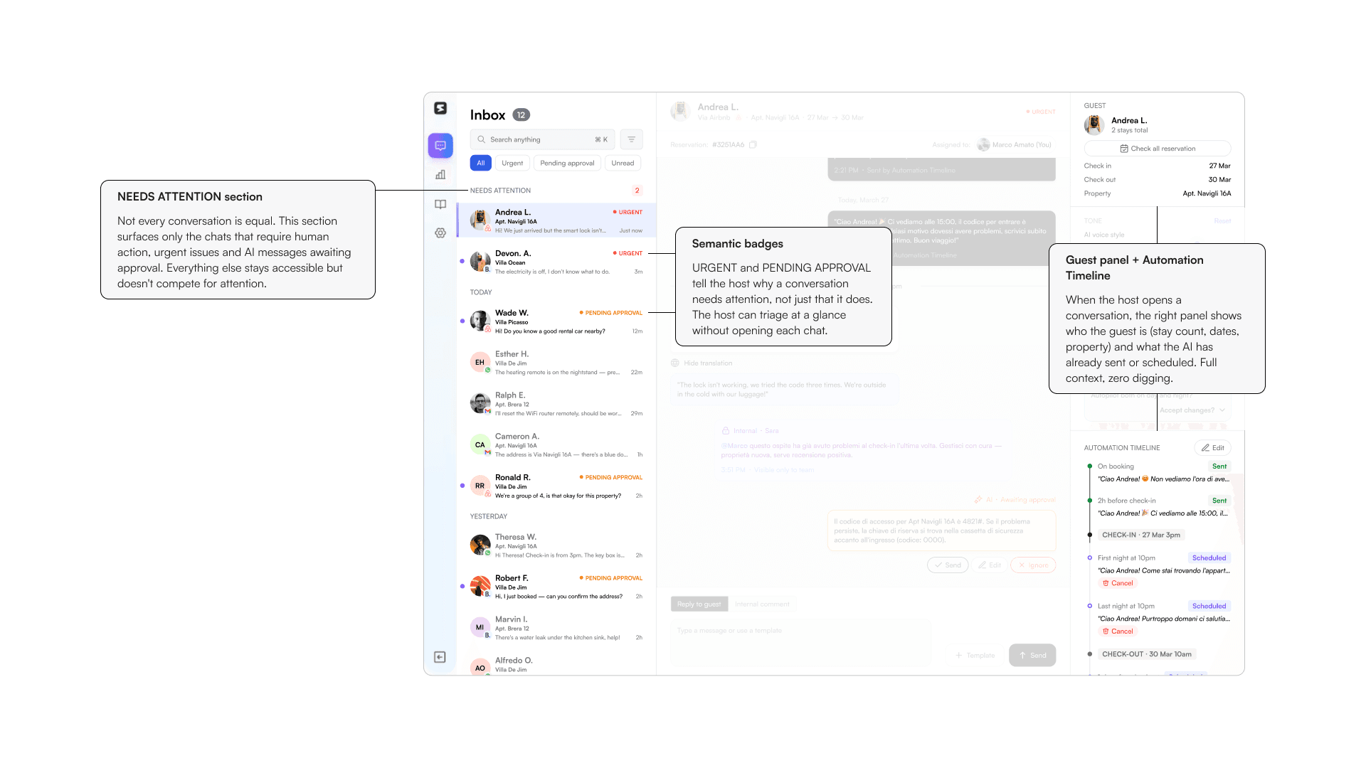 Volume vs. context screen: the Needs Attention section surfacing only conversations requiring action, with semantic urgency badges