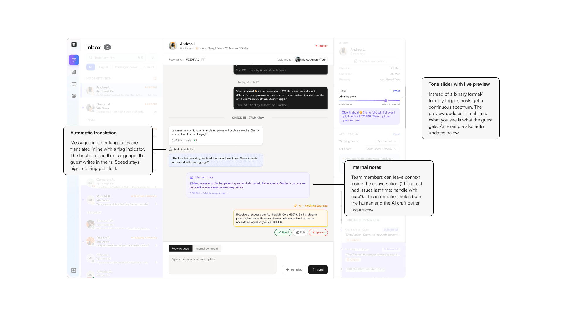 Speed vs. personal tone screen: the tone slider with live preview and inline translation