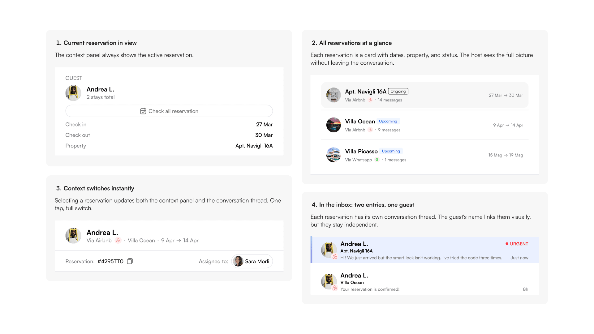 Multi-reservation handling: linked conversation threads for a guest with more than one stay
