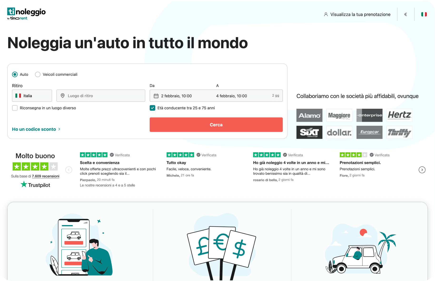 Tinoleggio search entry point with pickup, dates, driver age, and supplier trust signals