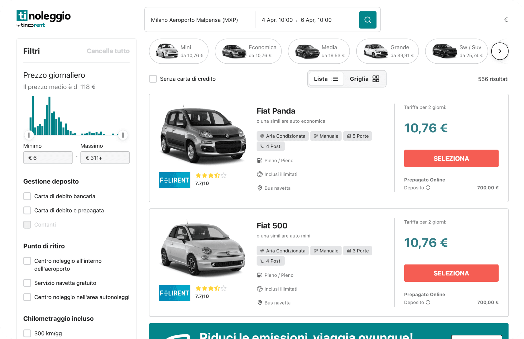 Tinoleggio results page: filter sidebar, deposit shown on every card, and the price histogram